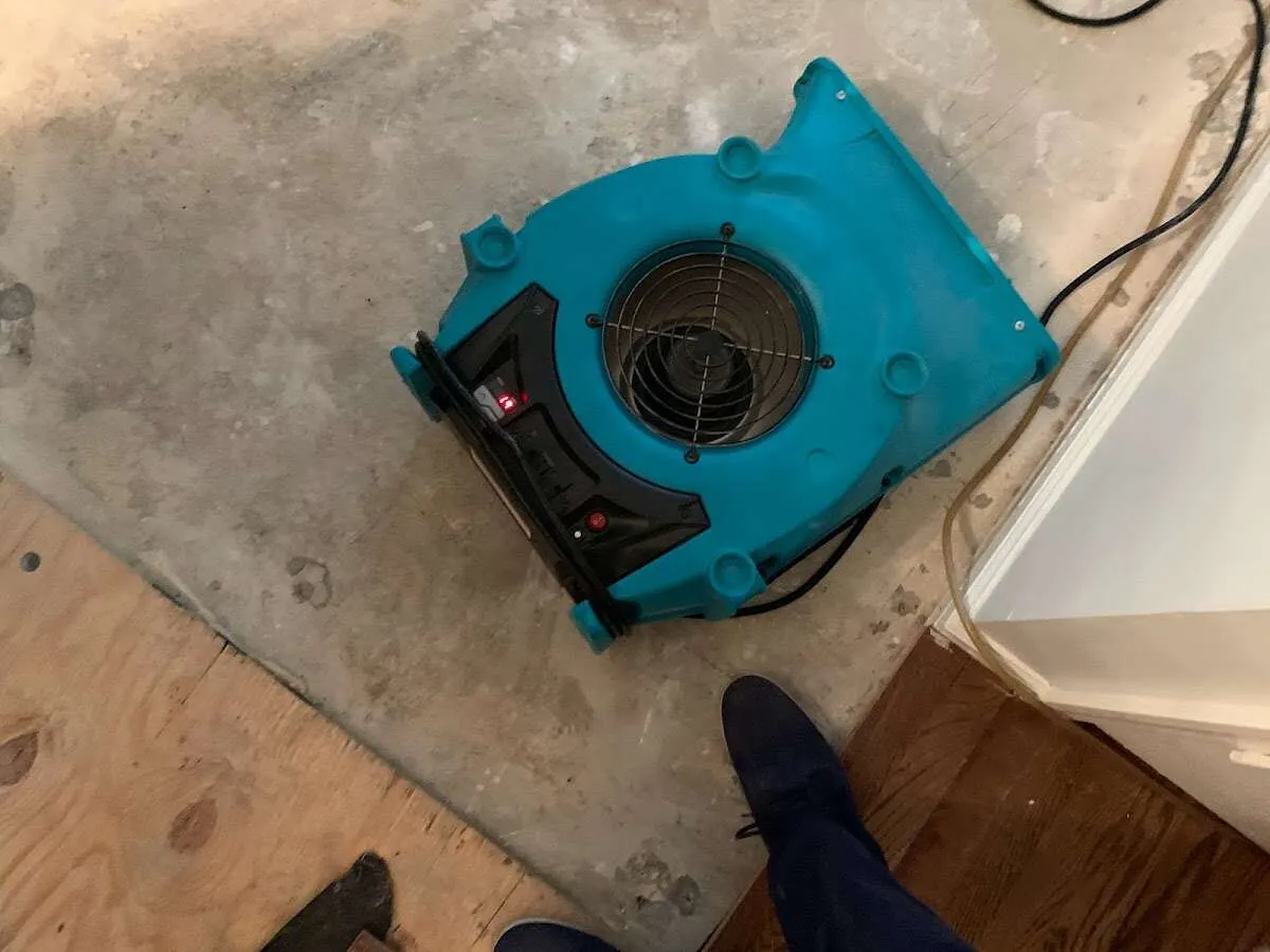 Air mover drying subfloor during Commercial Water Damage Restoration in Forsyth